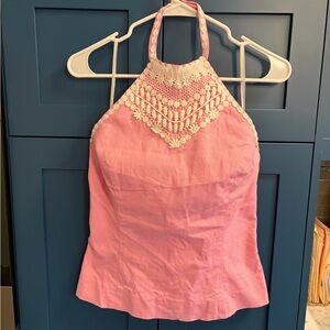 Lilly Pulitzer Size 6 Pink Halter Top White Lace Trim EUC Preppy Resort